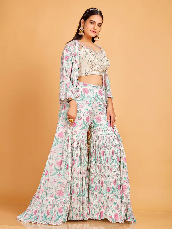 White floral printed jacket style sharara suit
