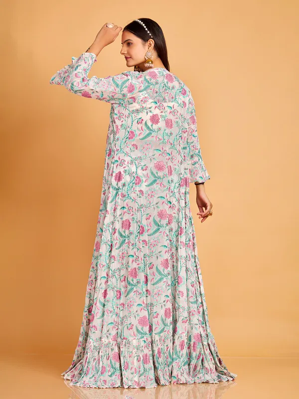 White floral printed jacket style sharara suit