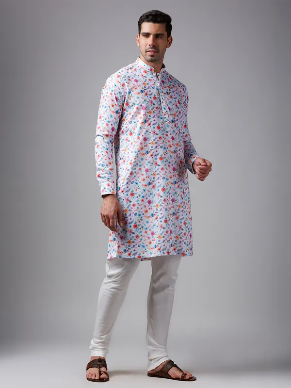 White floral printed linen  Men Kurta pajama