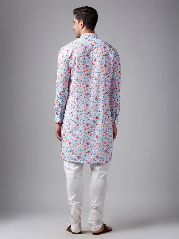 White floral printed linen  Men Kurta pajama