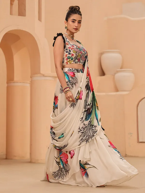 White floral printed ready to wear saree