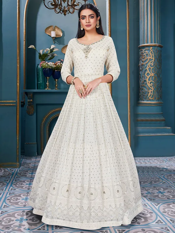 White georgette anarkali suit for wedding wear