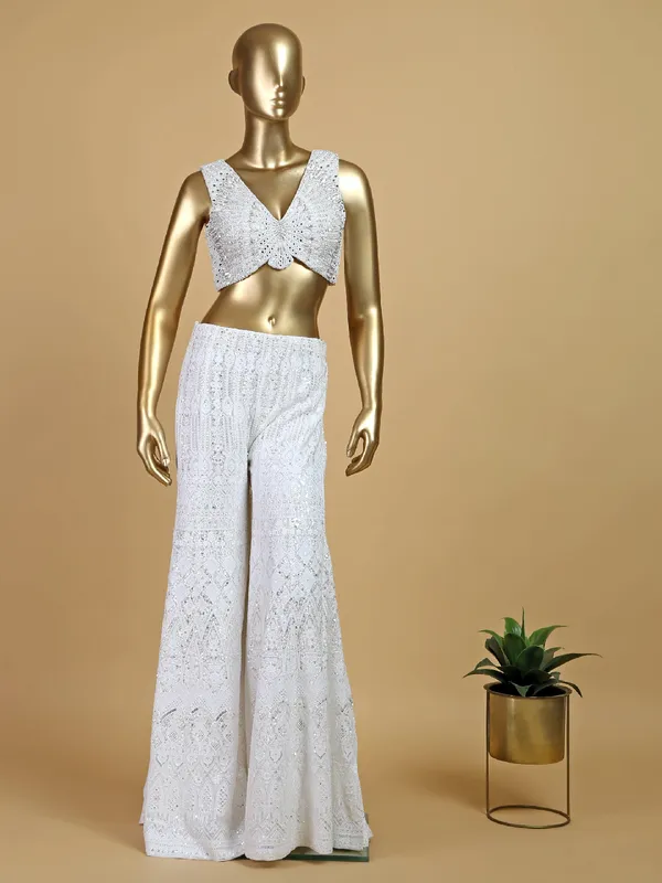 White georgette crop top style palazzo suit