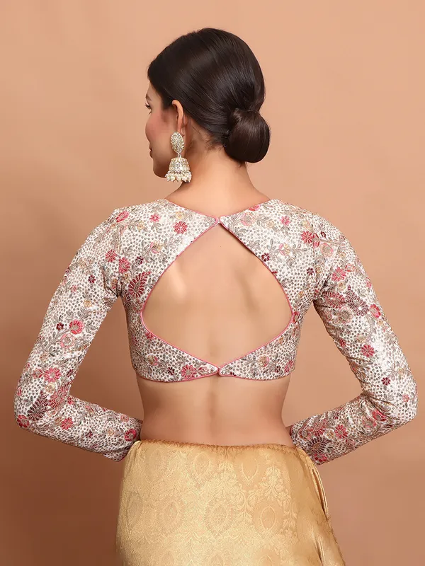 White georgette embroidered V neck ready made blouse