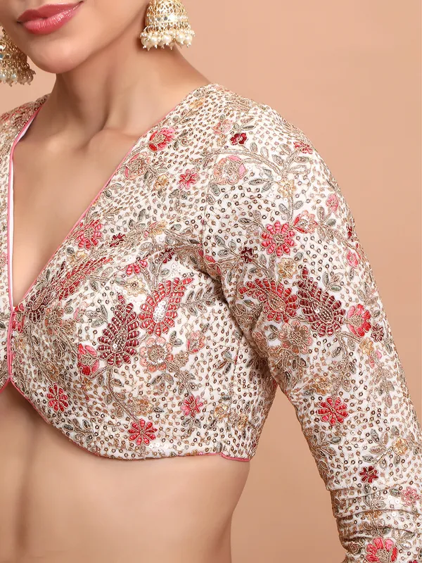 White georgette embroidered V neck ready made blouse