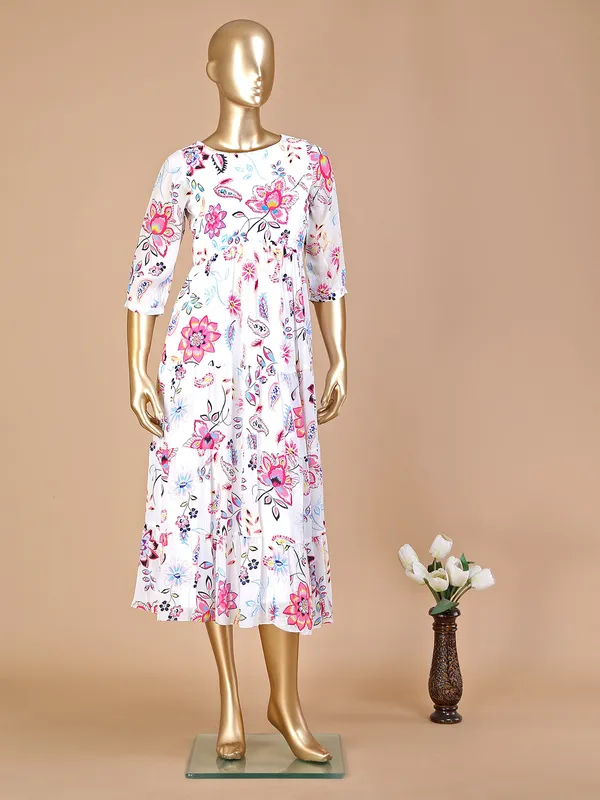 White georgette floral printed long kurti