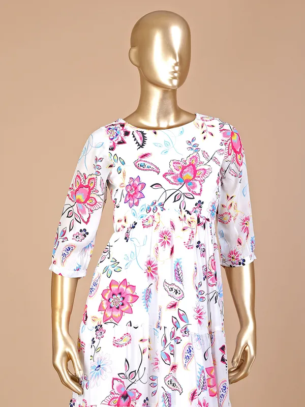 White georgette floral printed long kurti