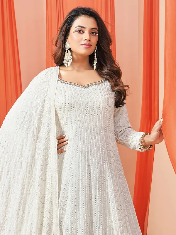 White georgette front slit anarkali suit