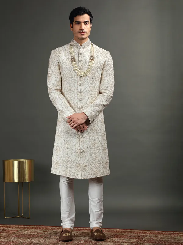 White georgette groom wear sherwani