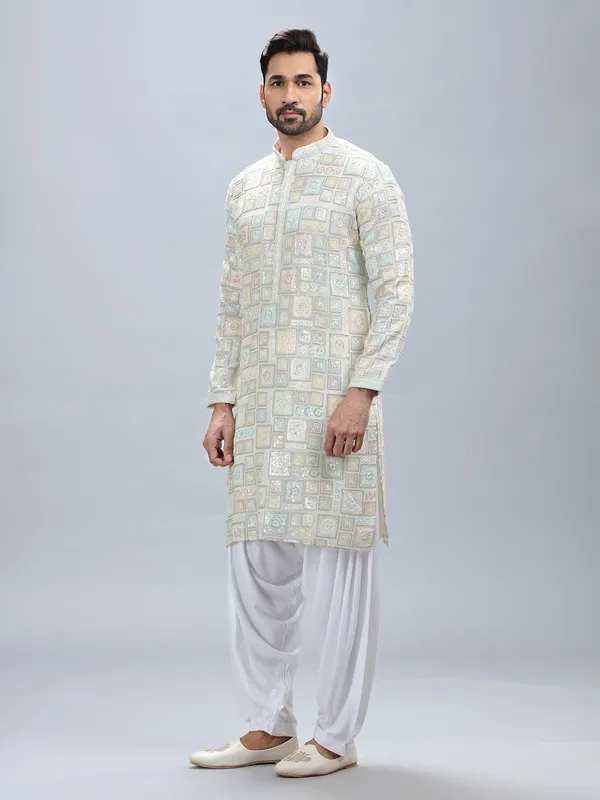 White georgette kurta pajama set for men