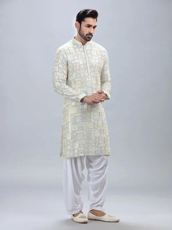 White georgette kurta pajama set for men