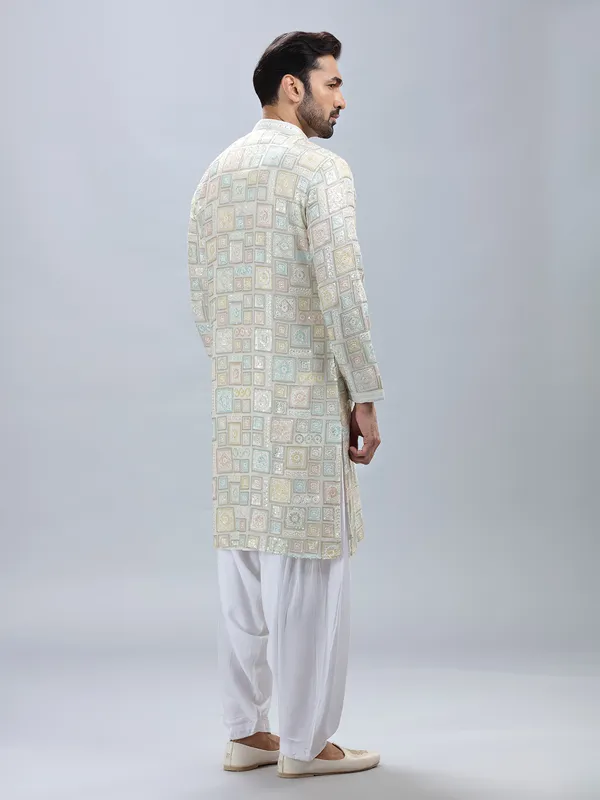 White georgette kurta pajama set for men