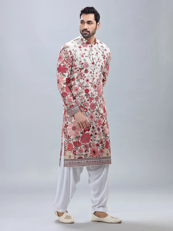 White georgette kurta set with multicolor embroidery