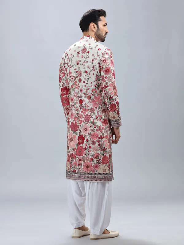 White georgette kurta set with multicolor embroidery