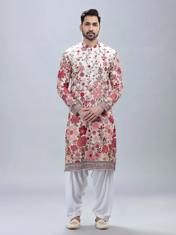 White georgette kurta set with multicolor embroidery