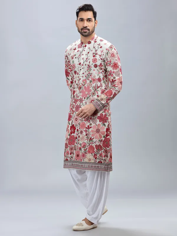 White georgette kurta set with multicolor embroidery