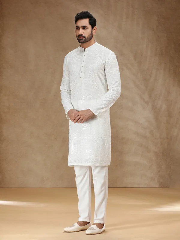 White georgette men festive kurta pajama