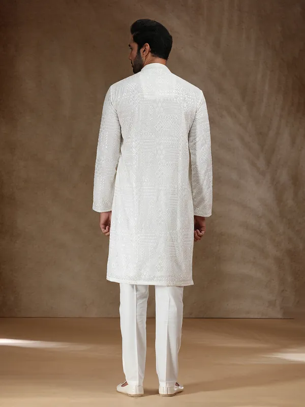 White georgette men festive kurta pajama