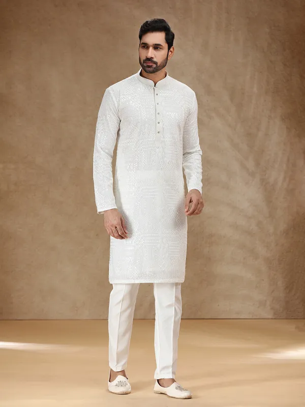 White georgette men festive kurta pajama