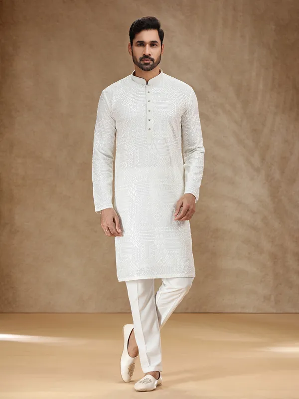 White georgette men festive kurta pajama
