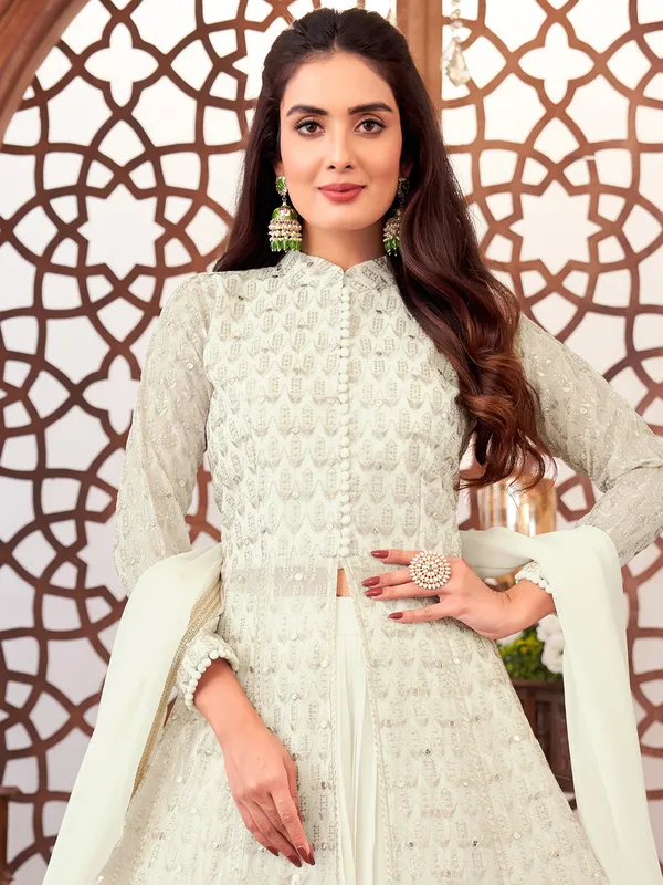 White georgette palazzo suit with resham work
