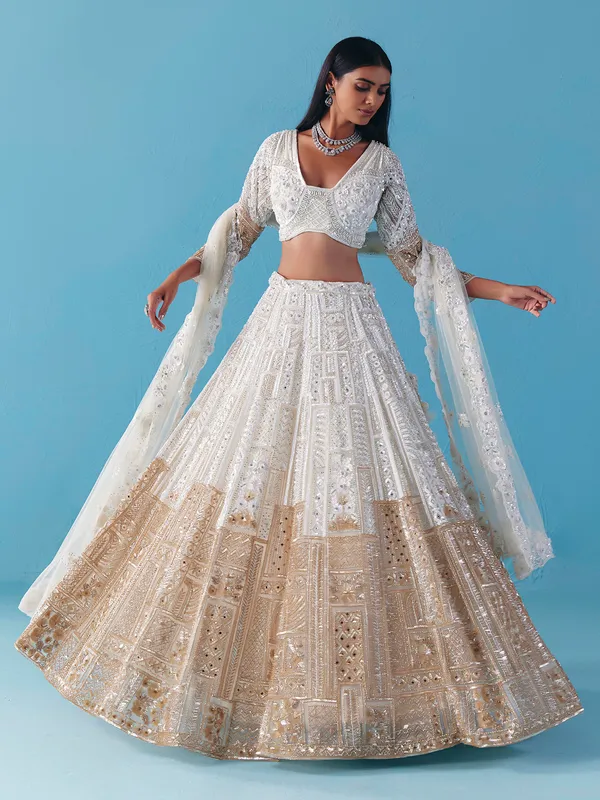 White gold net lehenga choli with bridal diamond glow
