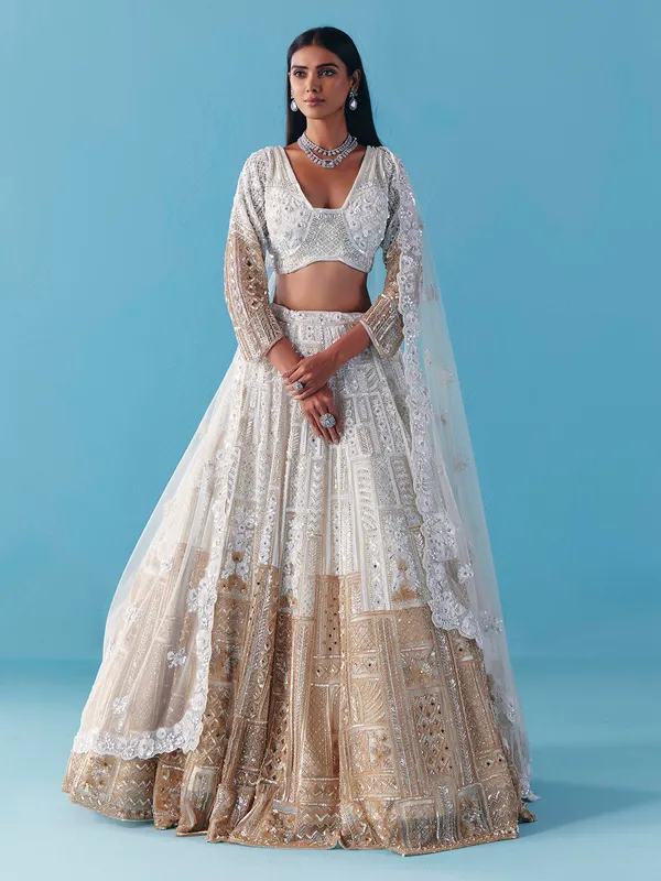 White gold net lehenga choli with bridal diamond glow