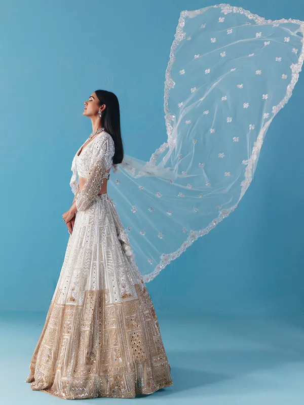 White gold net lehenga choli with bridal diamond glow