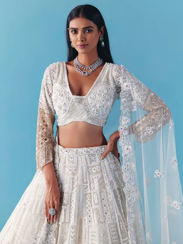 White gold net lehenga choli with bridal diamond glow
