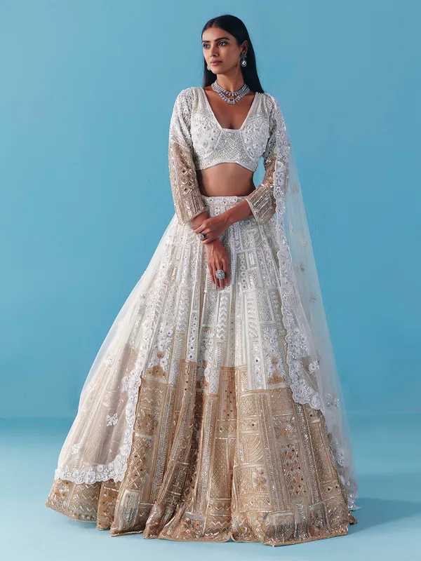 White gold net lehenga choli with bridal diamond glow