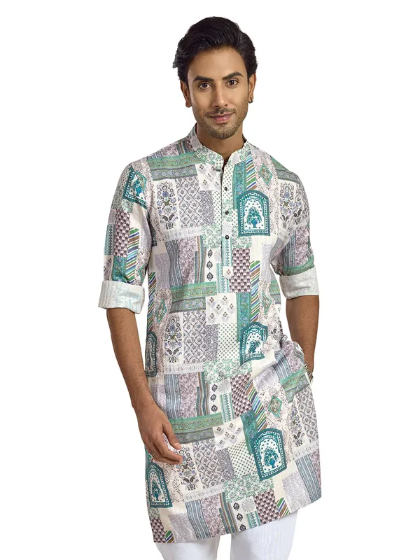 White green silk printed kurta for festival