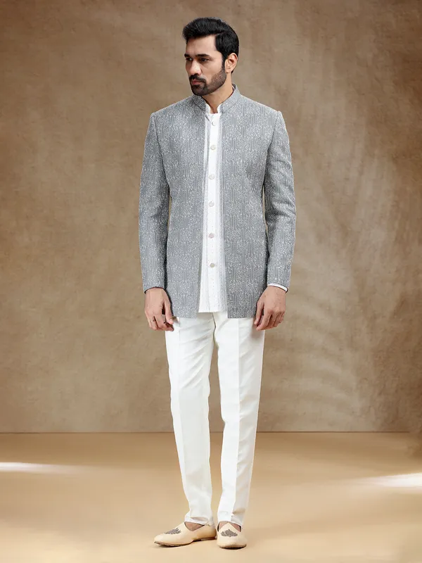 White indowestern set with grey coat