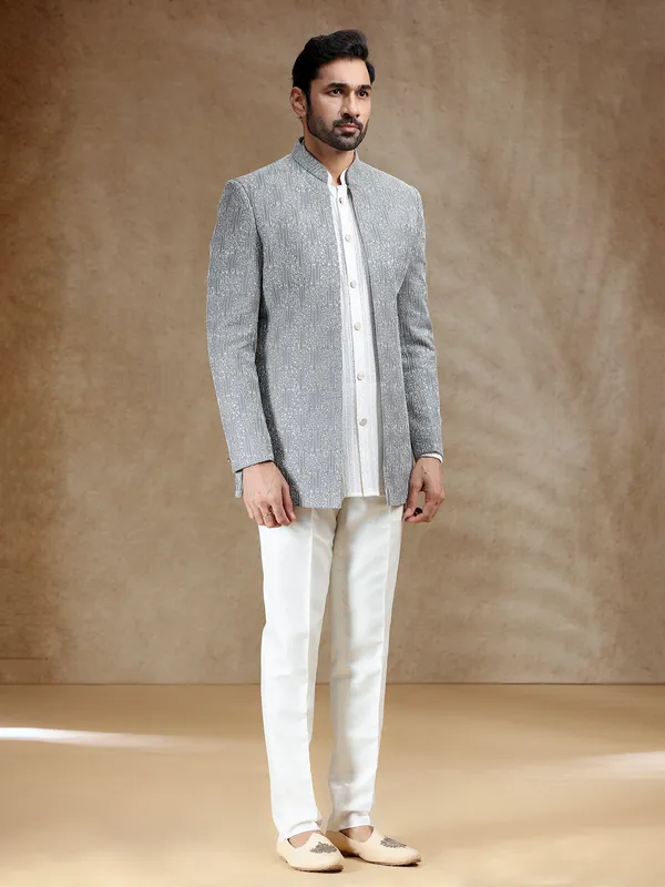 White indowestern set with grey coat