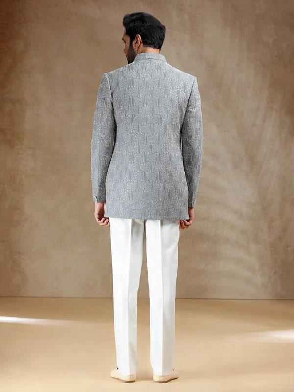 White indowestern set with grey coat