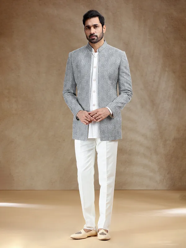 White indowestern set with grey coat