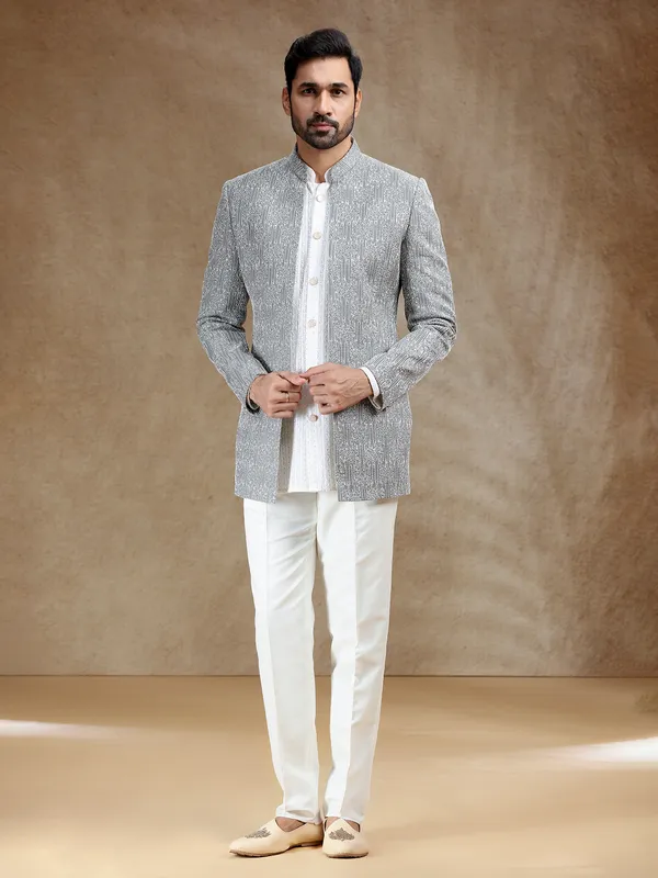 White indowestern set with grey coat