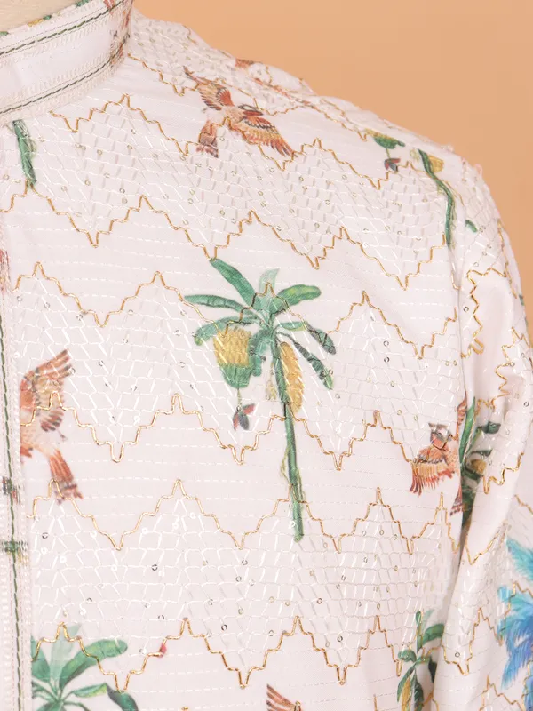 White kurta set with print for mens wear