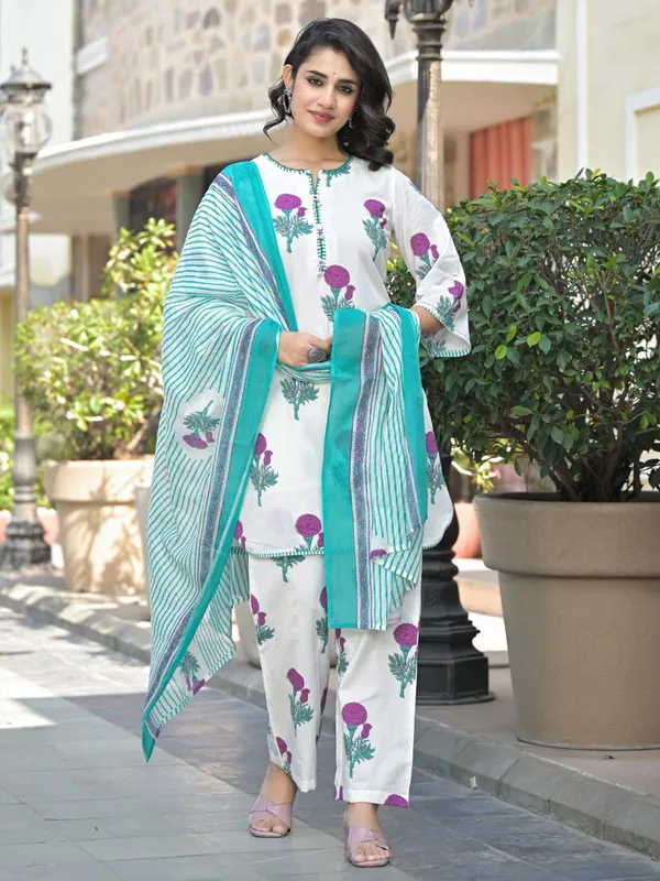 White kurti set for women in cotton silk