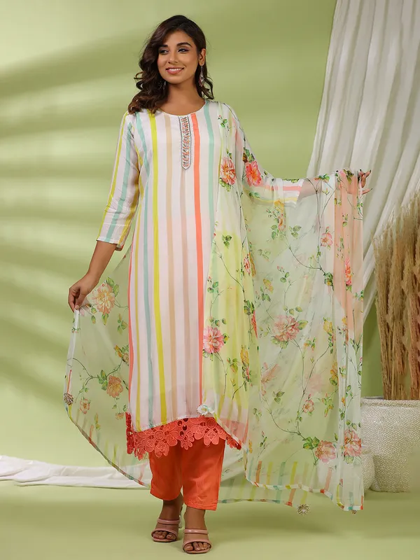 White kurti set with printed dupatta