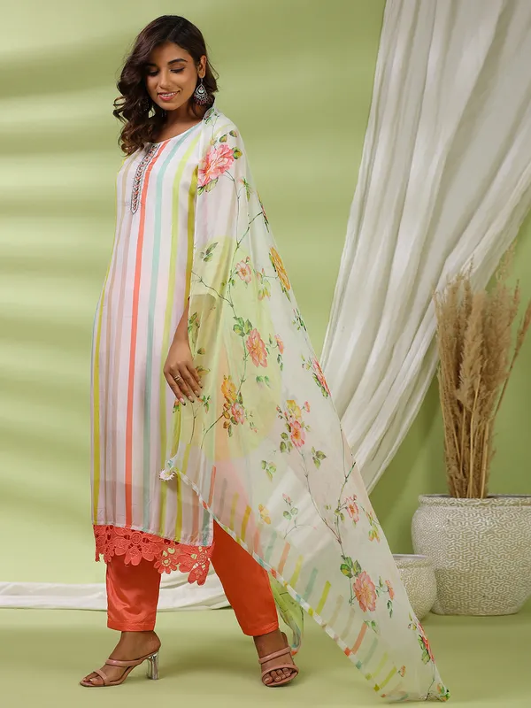 White kurti set with printed dupatta