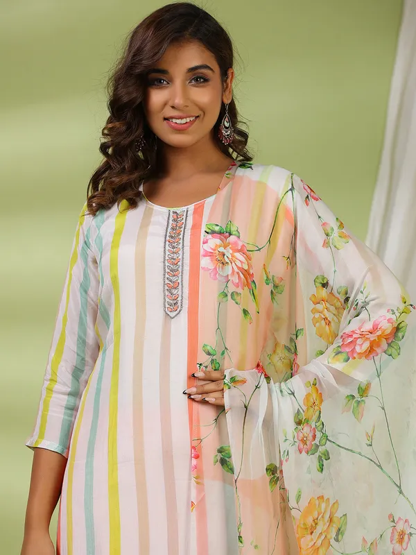 White kurti set with printed dupatta