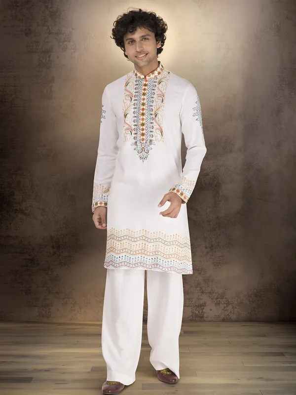 White linen cotton printed wedding festive kurta suit
