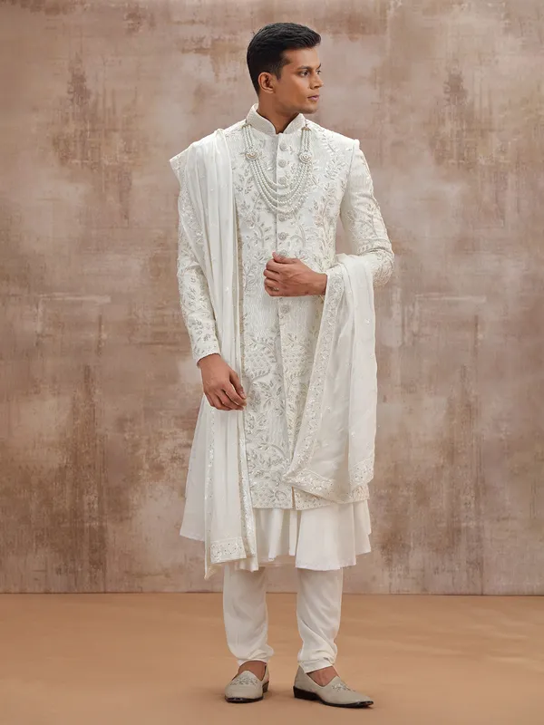 White lucknowi georgette peshwai sherwani with dupatta