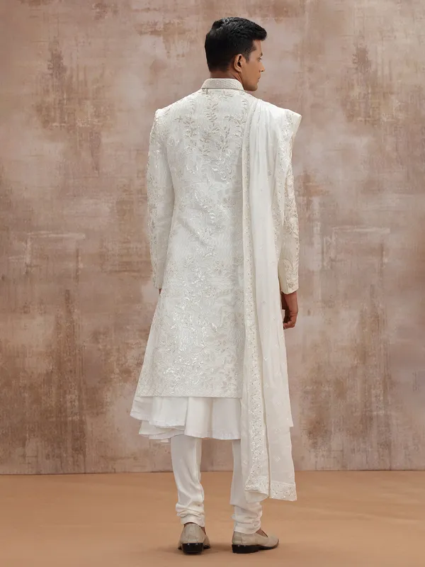 White lucknowi georgette peshwai sherwani with dupatta