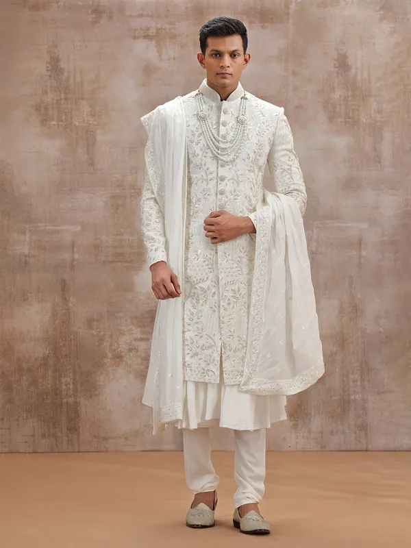 White lucknowi georgette peshwai sherwani with dupatta
