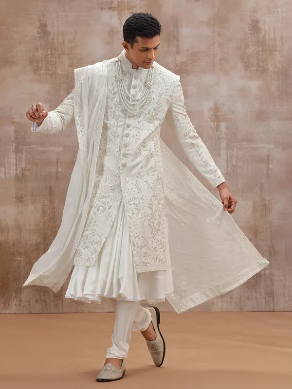White lucknowi georgette peshwai sherwani with dupatta