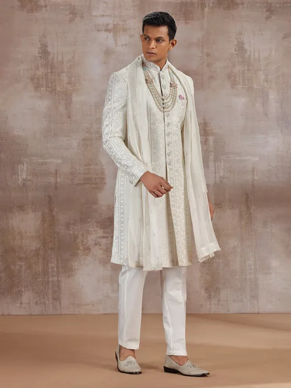 White lucknowi georgette sherwani with dupatta