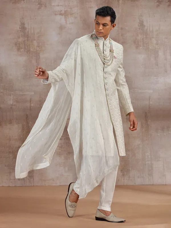 White lucknowi georgette sherwani with dupatta