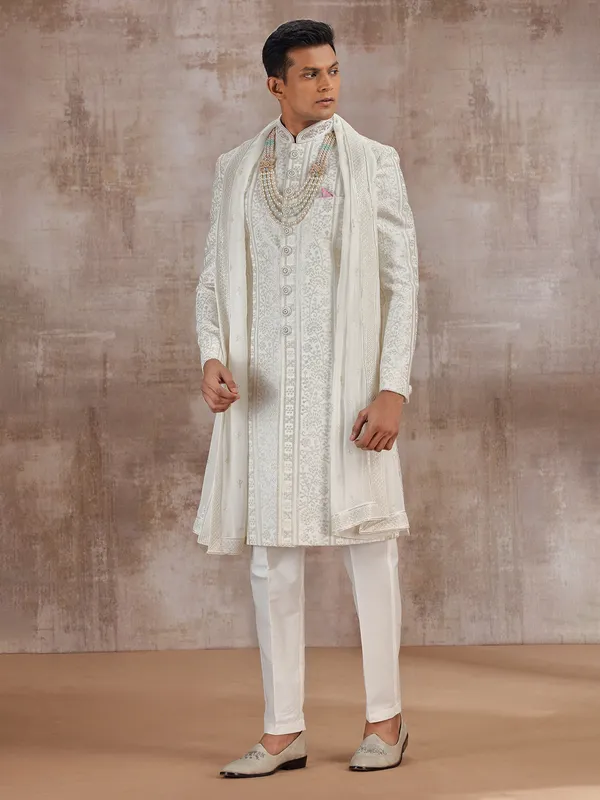 White lucknowi georgette sherwani with dupatta