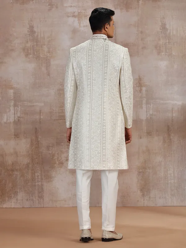 White lucknowi georgette sherwani with dupatta